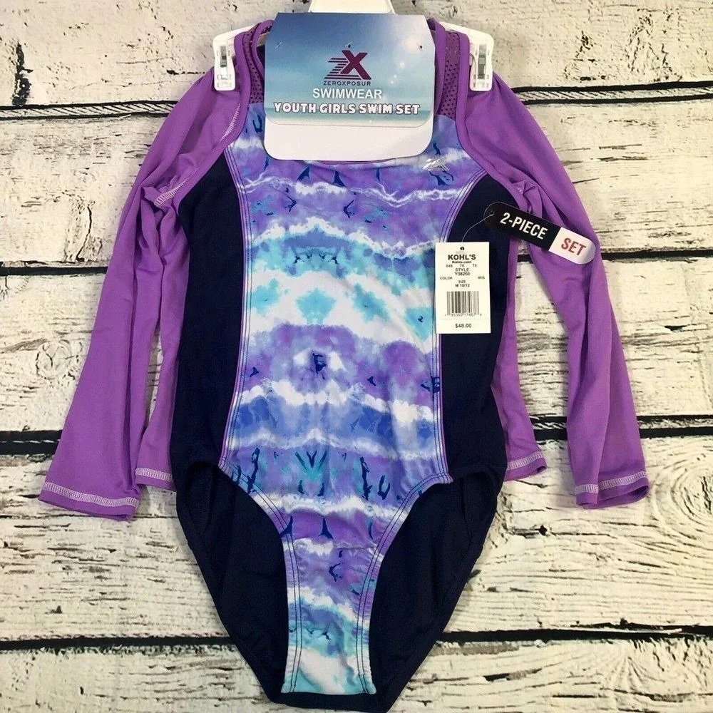 Zero Exposure‎ Swim Set Youth Girls Long Sleeve Rash Guard Swimsuit [10-12] NEW